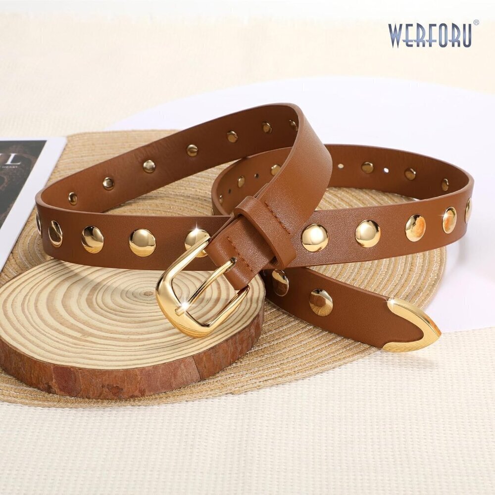 Women Leather Belt Studded Vintage Fashion Faux Leather Adjustable for Jeans - Picture 4 of 5